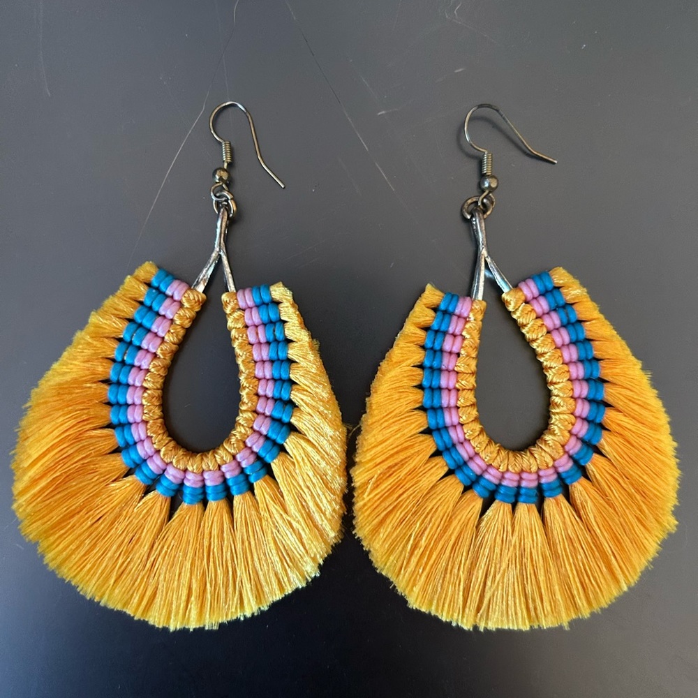 Yellow and blue fringe dangly earrings